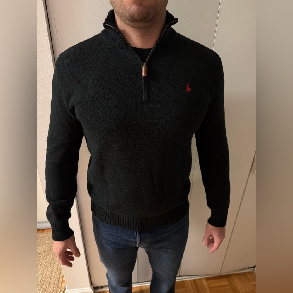 Ralph Lauren Men's Black Sweater with Red Logo